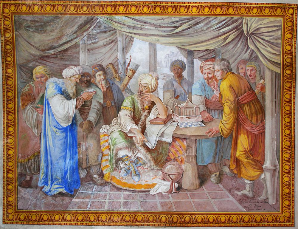 Религиозна дискусия в Молитвения дом (Ибадат Кхана), Фатхпур Сикри. Худ. Родолфо Аквавива 1000px Rodolfo Acquaviva diskutiert mit dem Gromogul