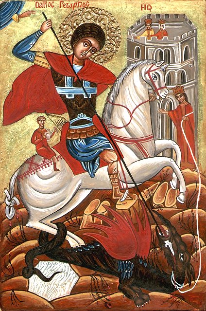 Orthodox Bulgarian icon of St. George fighting the dragon