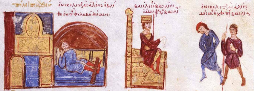 Второто залавяне на Никулица. Вляво – Никулица в тъмница с дървени окови на краката; вдясно – Никулица с вързани ръце и под конвой е доведен пред император Василий II. Миниатюра от Мадридския препис на хрониката на Йоан Скилица (Fol. 168r). 5