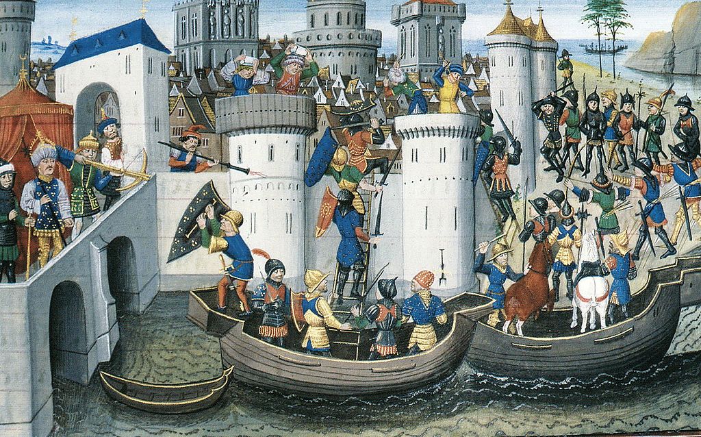 Обсадата на Константинопол 1204 г. Миниатюра от "livre traittant en brief des empereurs", par David Aubert. Tome II f 205r ConquestOfConstantinopleByTheCrusadersIn1204