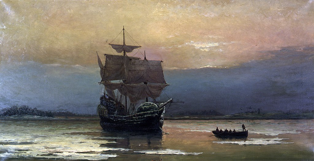 1024px Mayflower in Plymouth Harbor by William Halsall