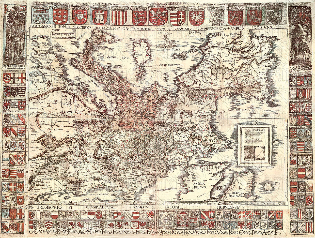 Карта на Европа от Мартин Ватземюлер, посветена на Карл V, 1520 Г. Carta itineraria europae 1520 waldseemueller watermarked