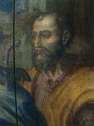 Putativo retrato de Ferno Mendes Pinto no retbulo da Igreja da Misericrdia de Almada Visitao da Virgem a Santa Isabel 1589 91 Giraldo Fernandes de Prado