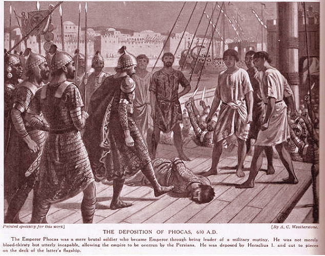 Детронираният Фока в краката на Ираклий. Илюстрация от 1915 г. The deposition of Phocas 610 AD